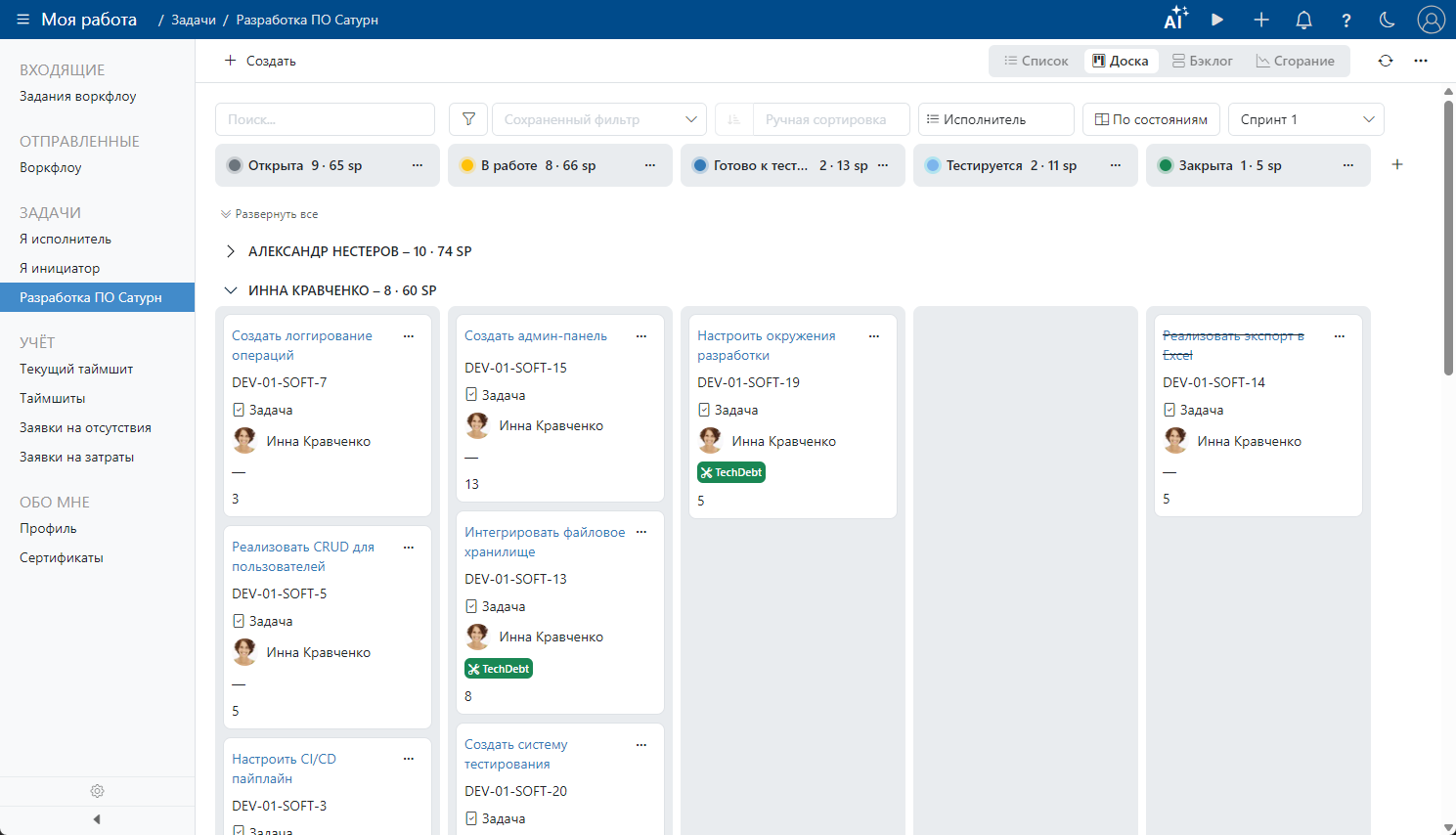 Доска Scrum в Timetta Scrum-board в Timetta