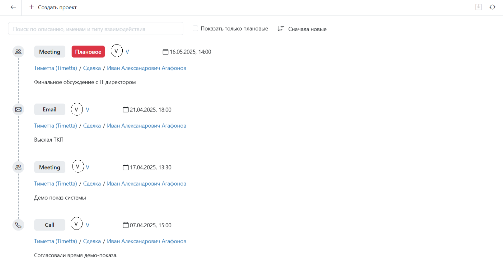 История взаимодействий
