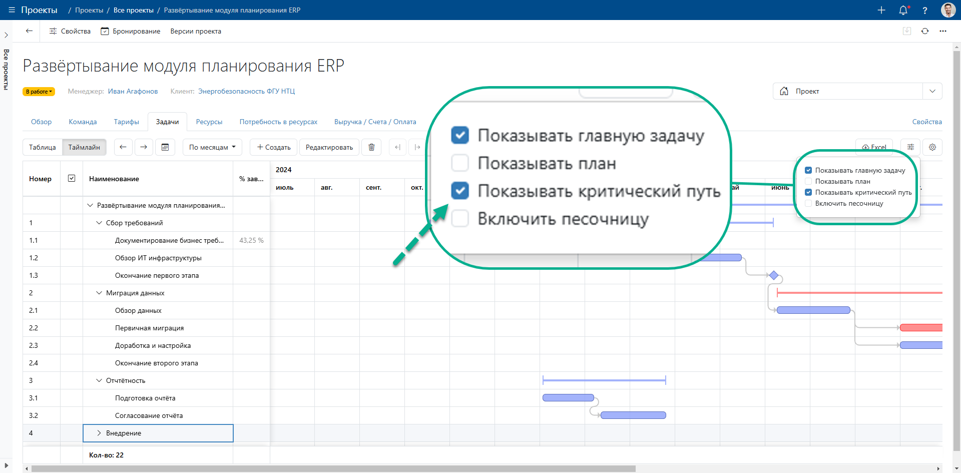 Включение функции отображения критического пути в Timetta