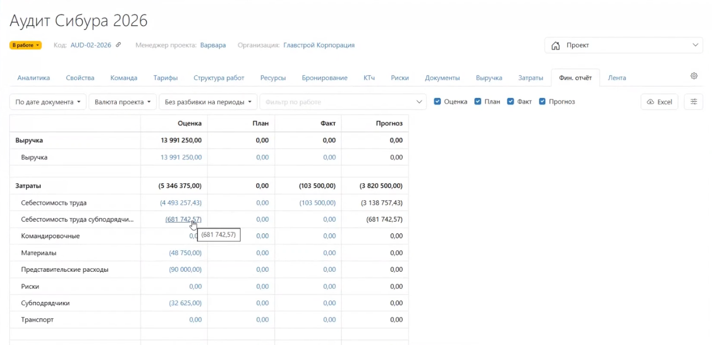 Статья себестоимости субподрядчиков в Timetta