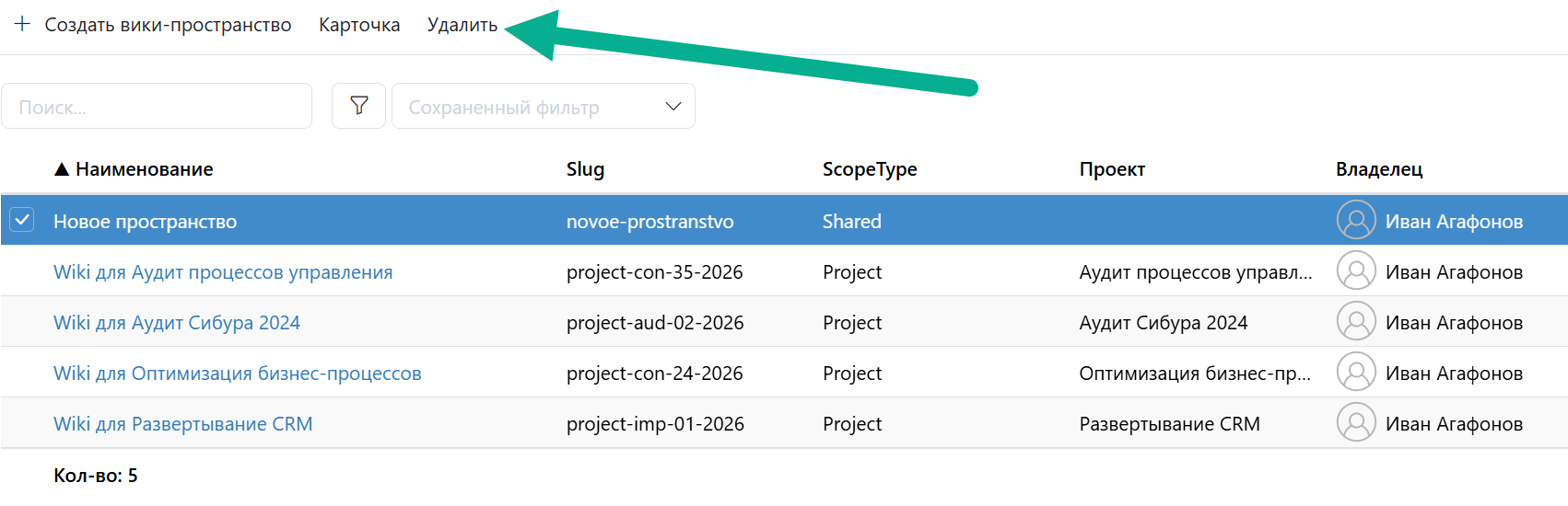 Удаление вики-пространства
