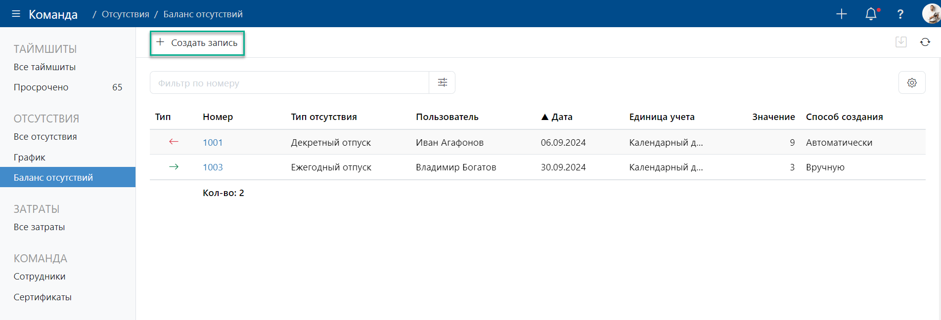 Корректировки в балансе отсутствий