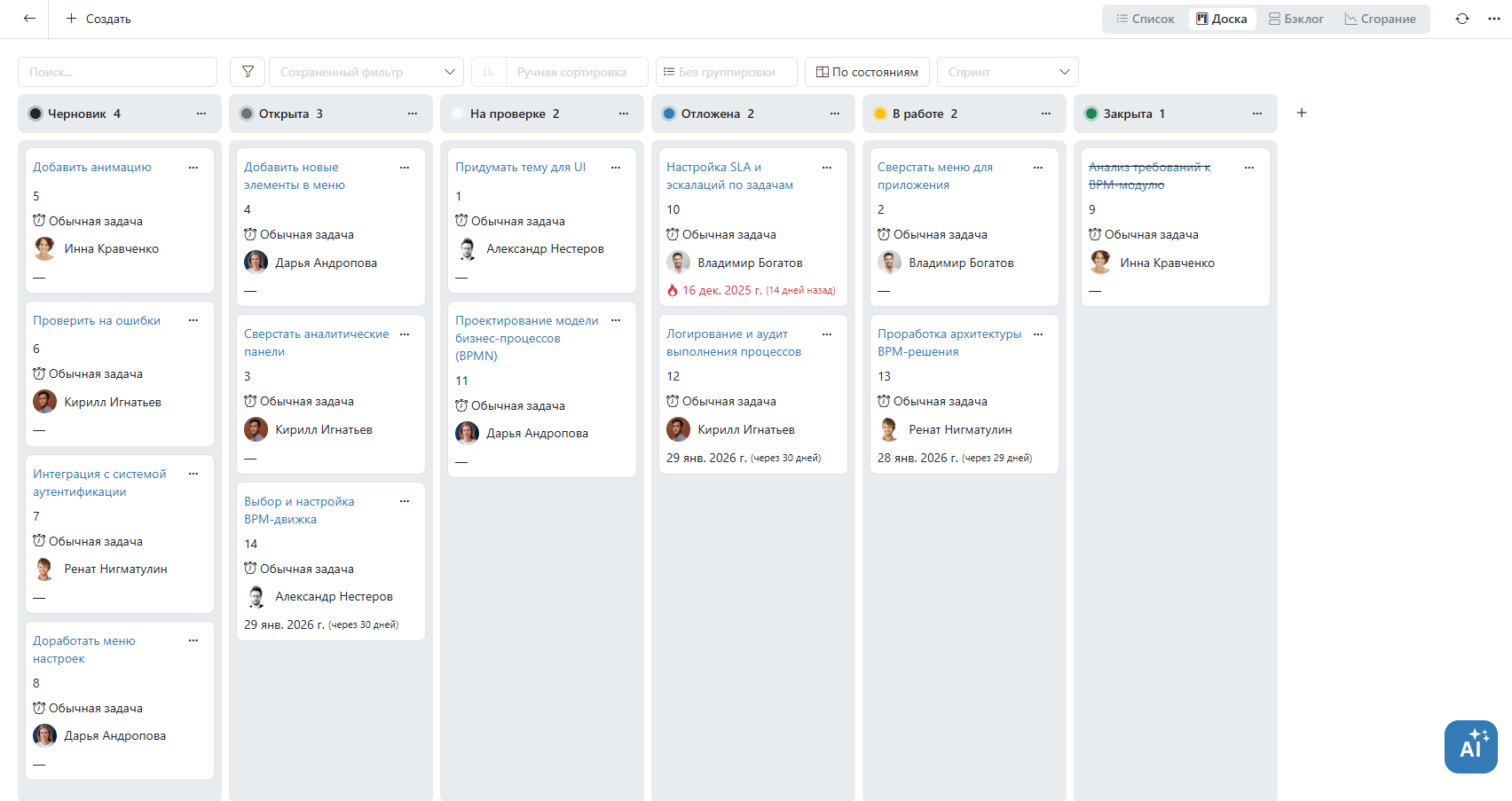 Доска задач в Auriga