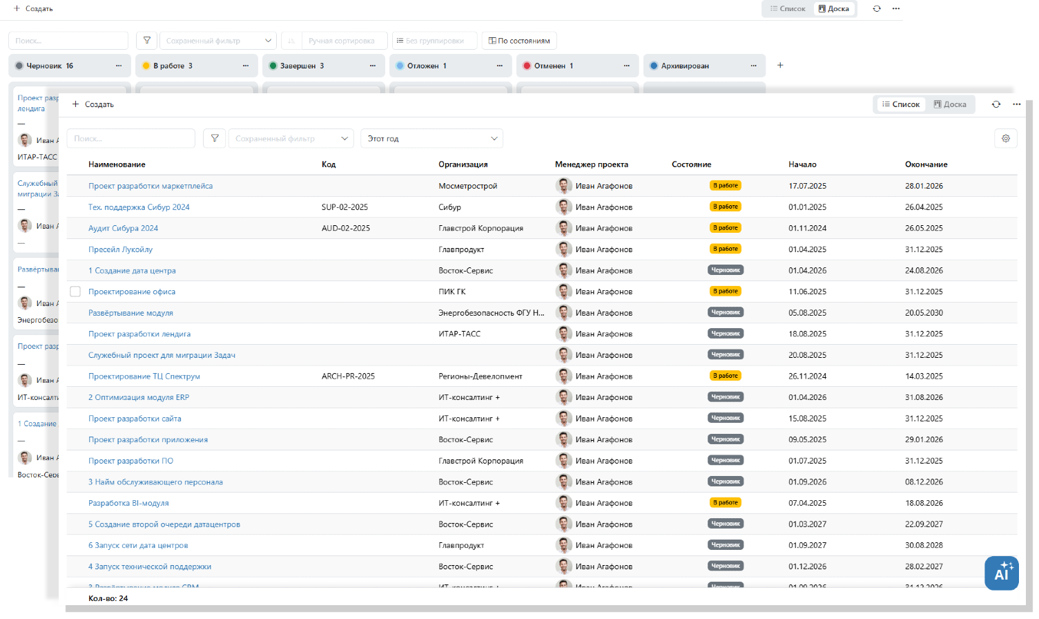 Представления в Timetta